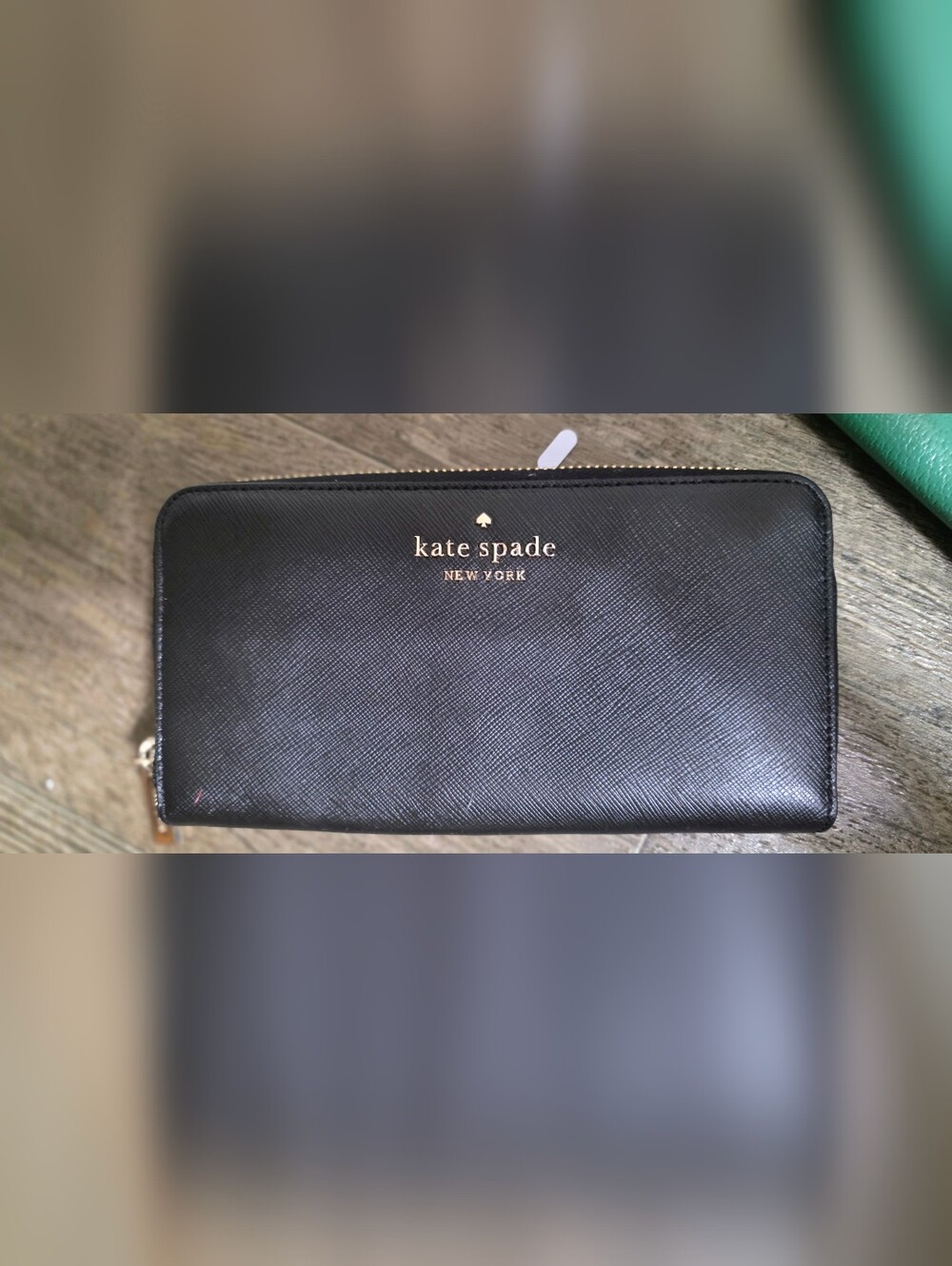 kate spade Black Leather Zip Around Wallet with Gold Logo